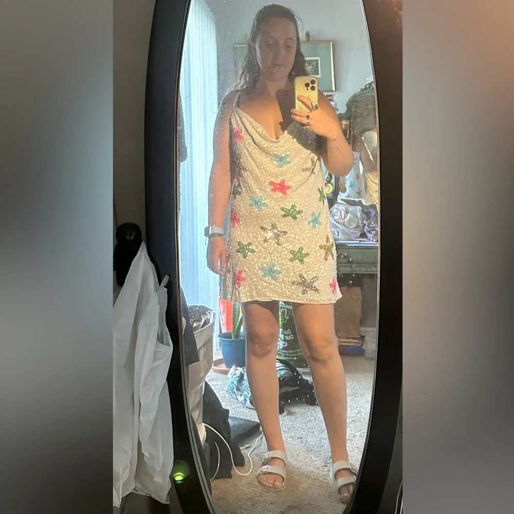 NWT Show Me Your MuMu White Sequin Multi-Color Star Spaghetti Strap Slip Dress - Picture 10 of 16